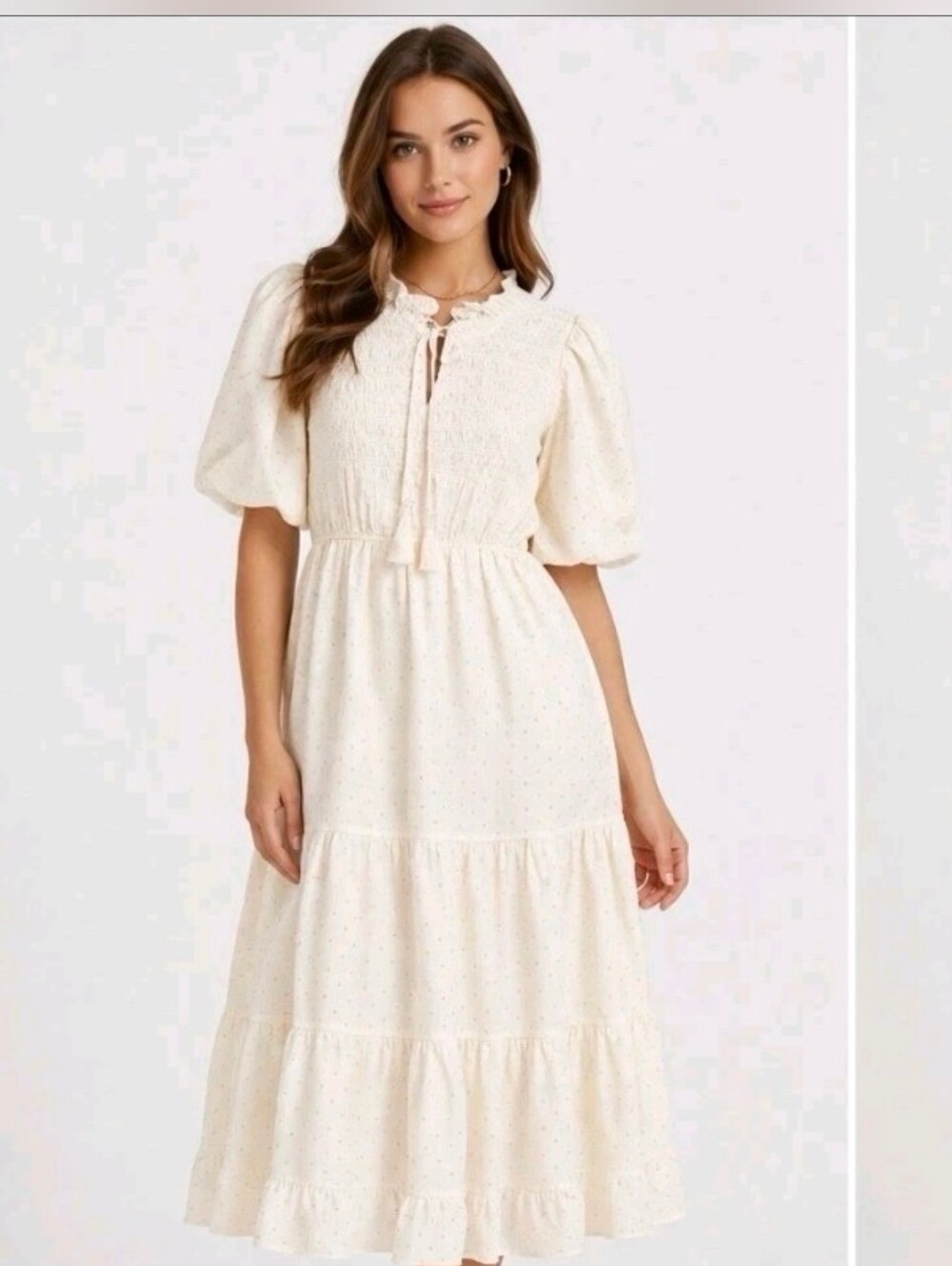 Moon River Womens Smocked Milkmaid Maxi Dress XS Cream Dot Princess Feminine